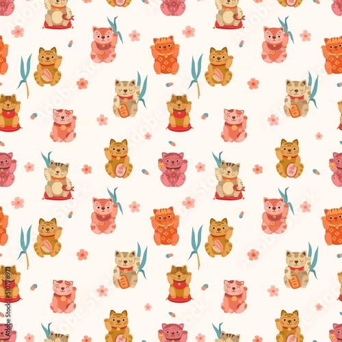 Cute neko cat and sakura flowers background. Japan cats, asian cartoon symbols fabric print. Childish style background, vector seamless pattern template