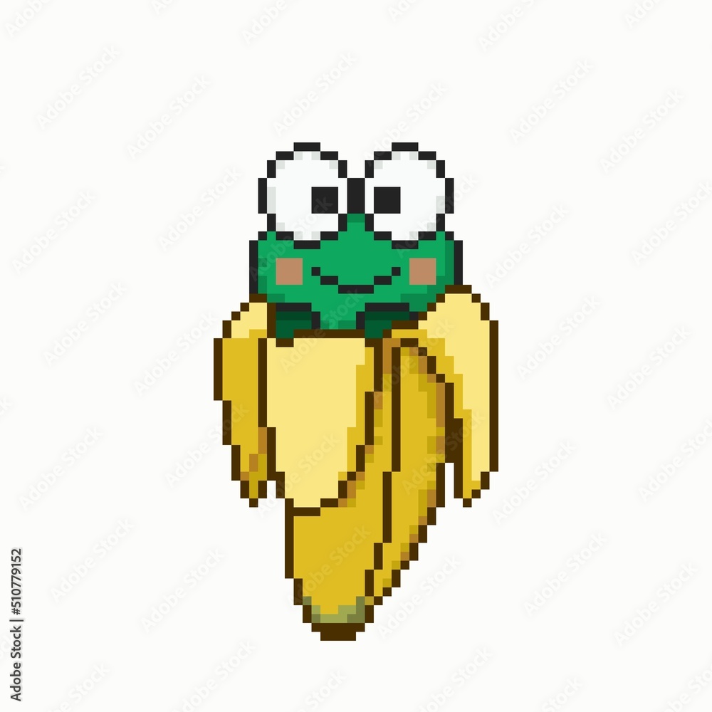 Pixelart cute cartoon character, frog in banana with white background. Asset game. Sticker. Wallpaper. Background. Pixelart cute cartoon character, frog in banana with white background. Asset game. Sticker. Wallpaper. Background.