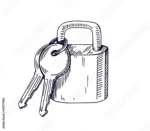 Bunch of keys hanging on ring, attached to padlock. Outlined engraved vintage...