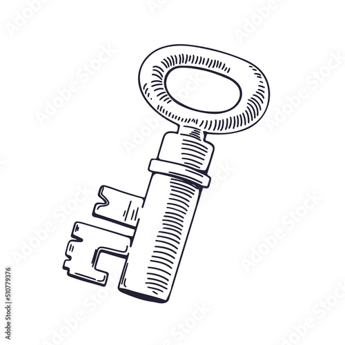 Engraved door key. Outlined contoured drawing of etched abstract unlocking ho...