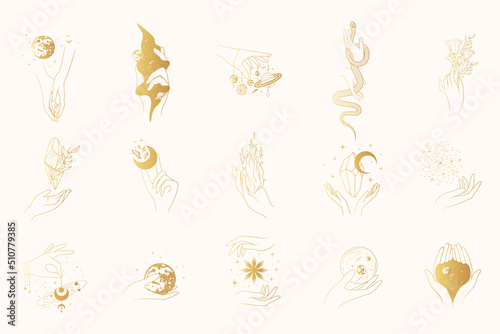 Golden celestial esoteric symbols and space bodies isolated set. 15 boho vector illustration for witchcraft and mystical design.