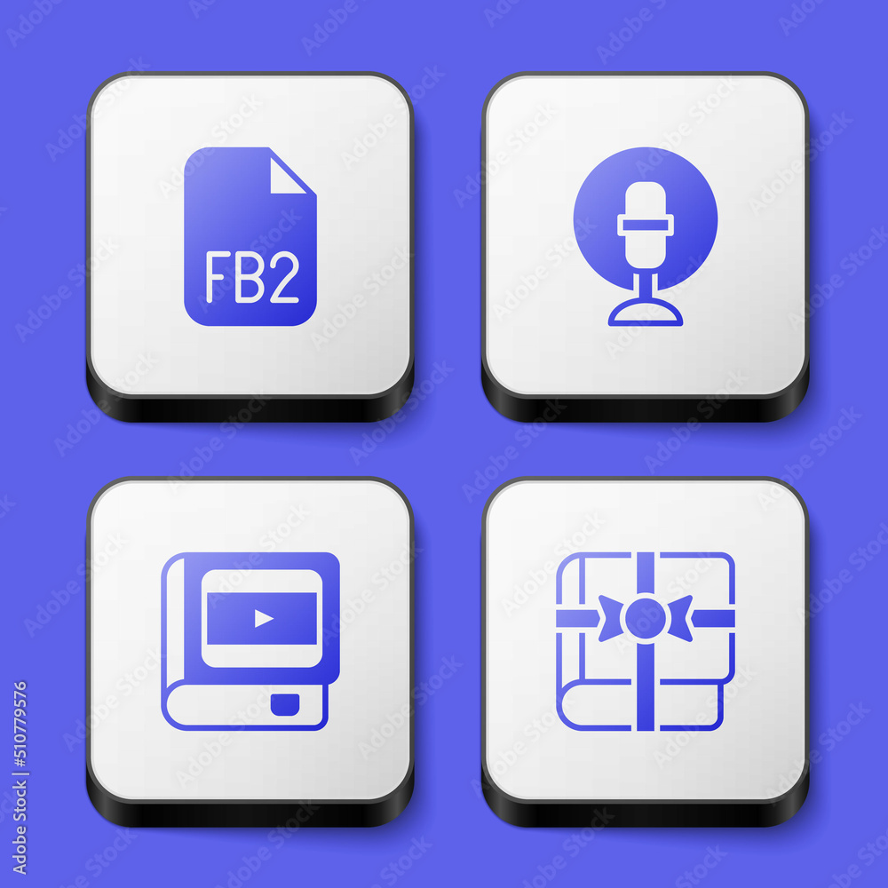 Set FB2 File, Microphone, Book about cinema and as gift icon. White square button. Vector Set FB2 File, Microphone, Book about cinema and as gift icon. White square button. Vector