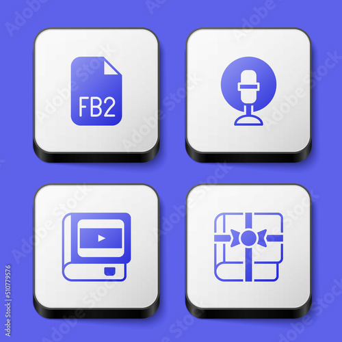 Set FB2 File, Microphone, Book about cinema and as gift icon. White square button. Vector