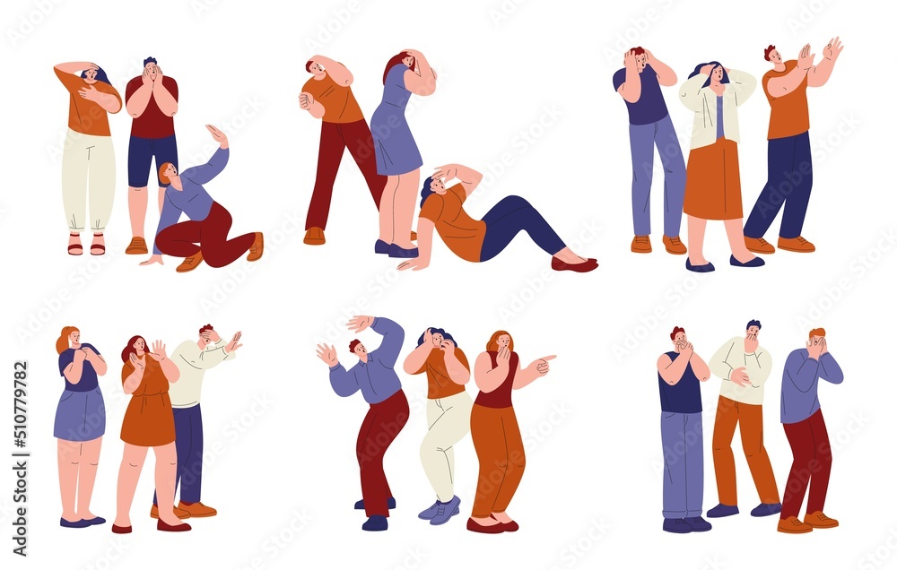 Scared people group. Afraid anxiety person, terrified group man and woman. Fear of danger, youth characters need survive. Shocking reaction kicky vector set Scared people group. Afraid anxiety person, terrified group man and woman. Fear of danger, youth characters need survive. Shocking reaction kicky vector set
