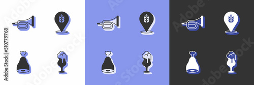 Set Glass of beer, Trumpet, Chicken leg and Wheat icon. Vector