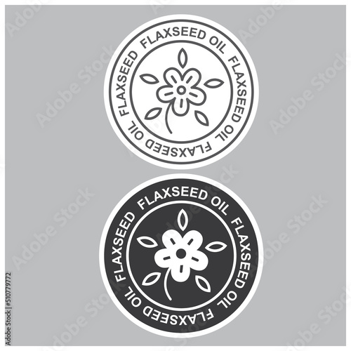 Flaxseed oil. Logo. Isolated flax flower on gray background, sticker.