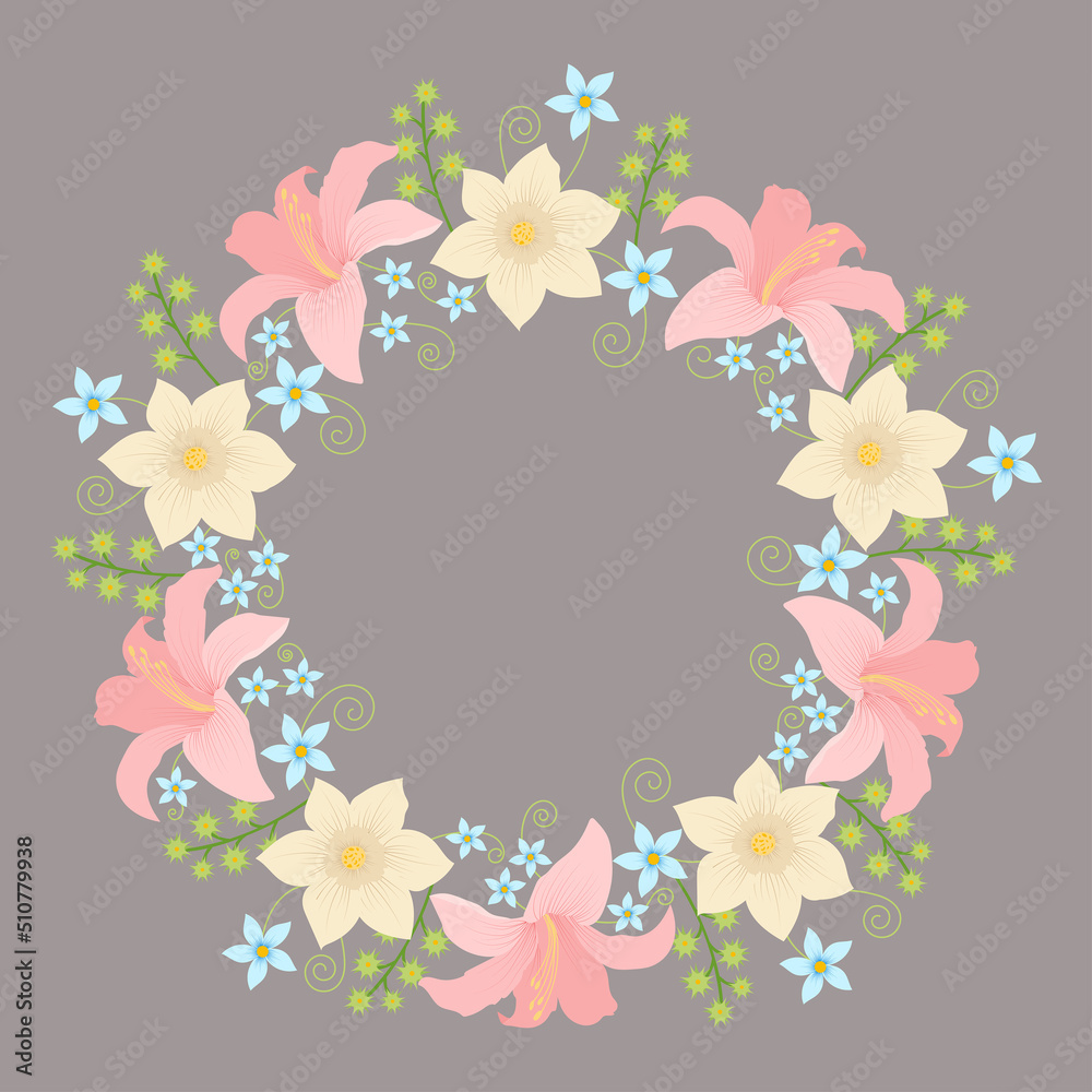 Circle flowers frame. Greeting card, invitation with flowers. Vector illustration