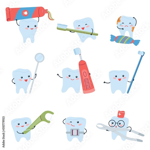 Cartoon teeth and tools. Humorous tooth, baby kid dentist characters. Dental hygiene and treatment, cute prevention and oral hygiene. Decent stomatology vector set