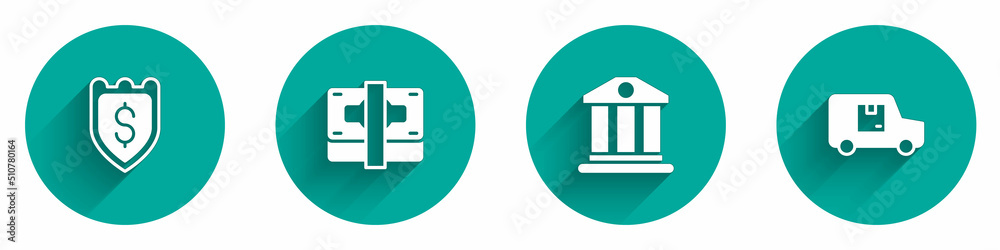 Set Shield with dollar, Stacks paper money cash, Bank building and Delivery cargo truck icon with long shadow. Vector Set Shield with dollar, Stacks paper money cash, Bank building and Delivery cargo truck icon with long shadow. Vector