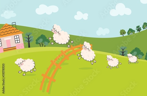 Sheeps jump on field. Count sheep jumping fence. Farm animal landscape, counting cartoon animals for sleeping. Funny nowaday insomnia treatment vector scene