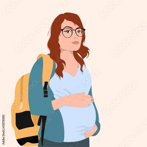 Pregnant teenage girl. Beautiful happy mother to be. Modern flat vector illustration