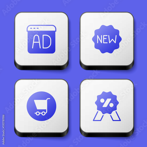 Set Advertising, Price tag with New, Shopping cart and Discount percent icon. White square button. Vector