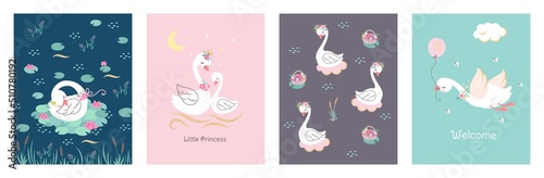 Swan poster design. Cute swans cover template, sweet baby welcome party postcards. Wild bird with balloon, princess birth nowaday vector invitation