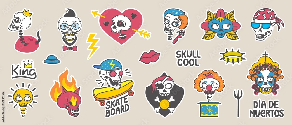 Art skull stickers. Doodle biker skulls patches, flash and third eye funny characters. Boy skate board sticker, gothic punk style neoteric vector elements