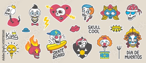 Art skull stickers. Doodle biker skulls patches, flash and third eye funny characters. Boy skate board sticker, gothic punk style neoteric vector elements