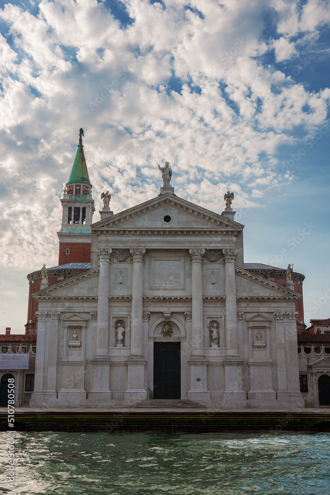 The west front of the Chiesa di San Giorgio Maggiore at early morning from a yacht in the Bacino di San Marco, Venice, Italy