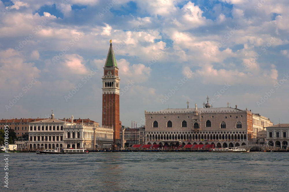 The classic approach to Venice by sea: the Campanile di San Marco, Piazzetta di San Marco and the Doge's Palace from the Bacino di San Marco, Venice, Italy