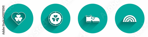 Set Heart with clover trefoil leaf, Golden leprechaun coin, Leprechaun boot and Rainbow icon with long shadow. Vector