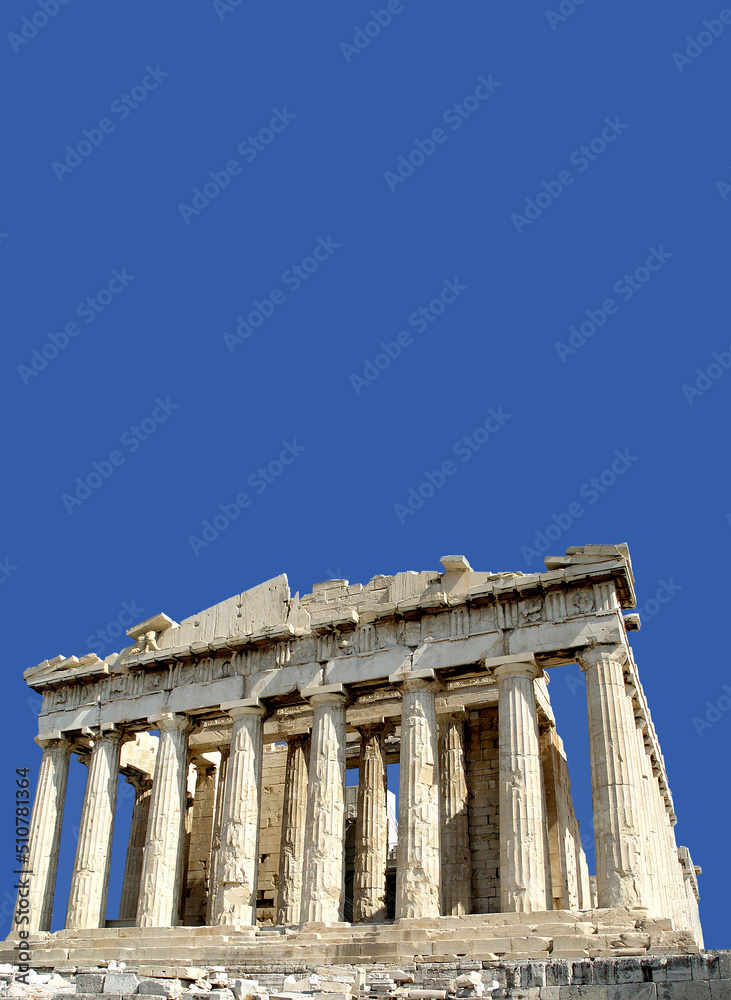 The Parthenon, Athens with blue sky background and space for text. 