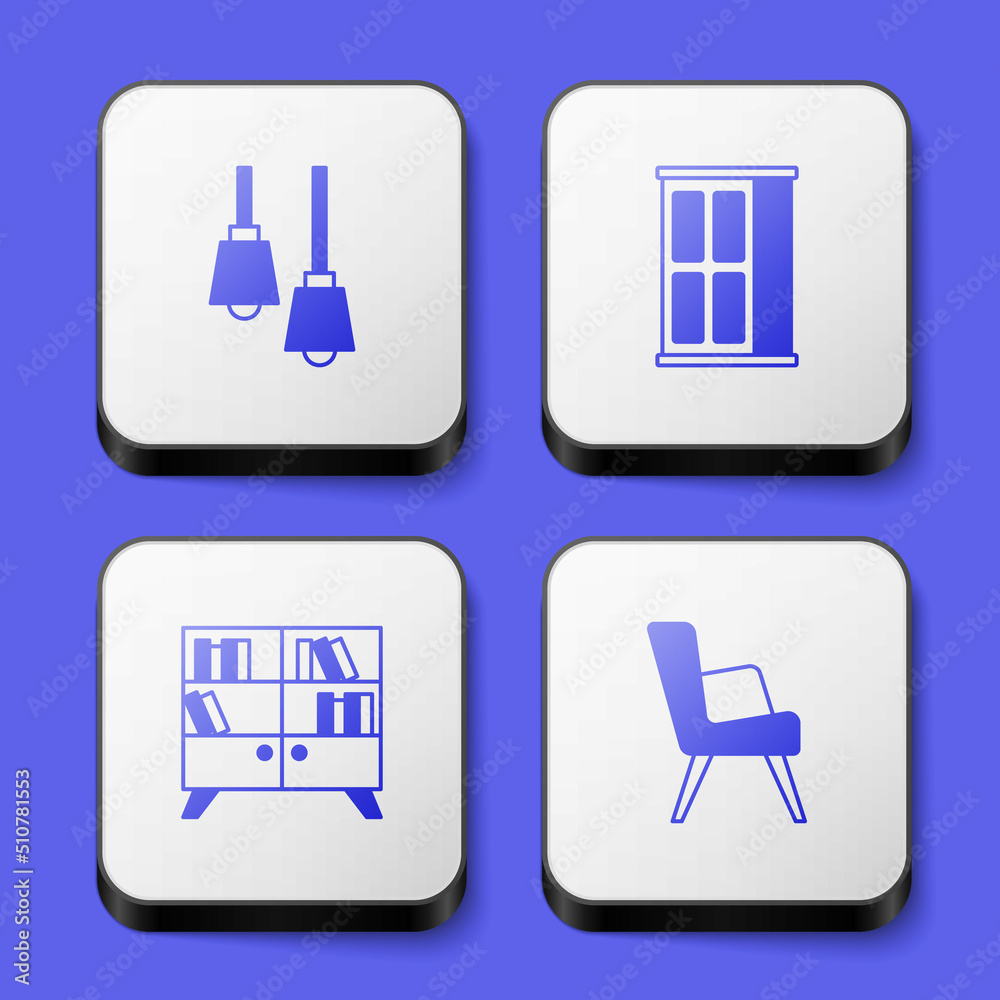 Set Lamp hanging, Wardrobe, Library bookshelf and Armchair icon. White square button. Vector