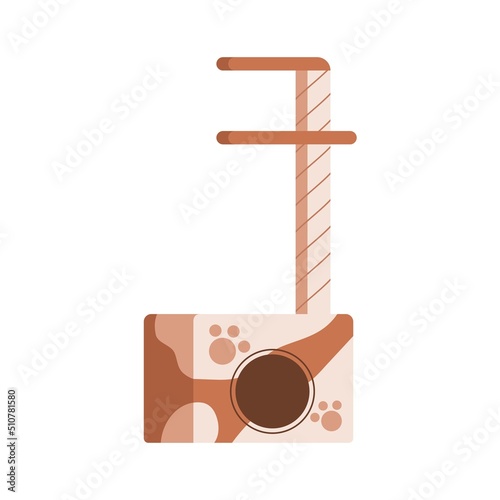 Cat tree with pet house and scratching post for sleeping and playing. Indoor shelter, condo home for kitty. Playhouse, furniture. Flat vector illustration of cathouse isolated on white background