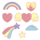 Vector illustration set from y2k vibe. Nostalgia for the 2000 years. Hearts with flame and wings, star with tail, rainbow, cloud