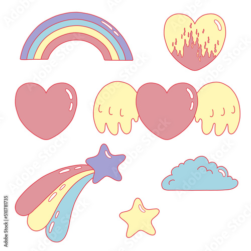 Vector illustration set from y2k vibe. Nostalgia for the 2000 years. Hearts with flame and wings, star with tail, rainbow, cloud