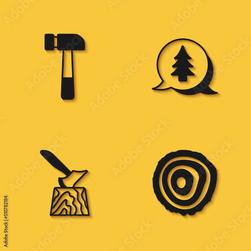 Set Hammer, Tree rings, Wooden axe stump and icon with long shadow. Vector