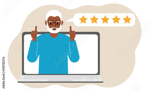 User reviews. Laptop with a man with thumbs up. Customer Review, Online Review, Star Rating, Feedback. Rating bubble.