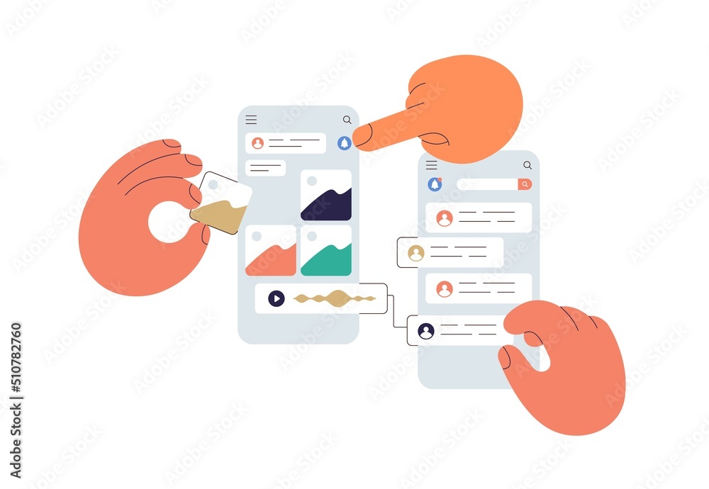 UI UX design of mobile app concept. Abstract phone application interface creation process. Making convenient layout of graphic widgets, content. Flat vector illustration isolated on white background