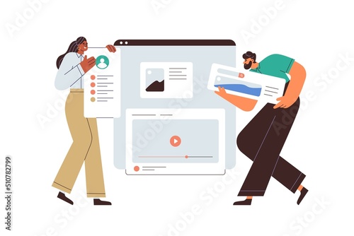 UI UX designers designing web-site, page interface, creating content layout with visual elements. Tiny people making website, landing webpage. Flat vector illustration isolated on white background