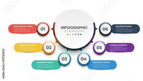 6 list of steps, layout diagram with number of sequence, circular infographic element template