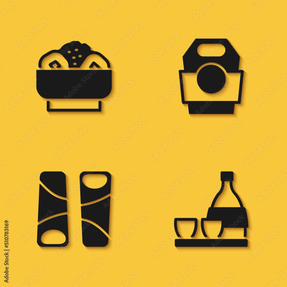 Set Chow mein on plate, Bottle of sake, Guotie and Asian noodles paper box icon with long shadow. Vector Set Chow mein on plate, Bottle of sake, Guotie and Asian noodles paper box icon with long shadow. Vector