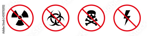 Toxic Bio Hazard Waste Forbid Pictogram Set. Biohazard Red Stop Symbol. Danger Area Black Silhouette Icon. No Allowed Electricity Lightning Sign. Radiation Zone Prohibit. Isolated Vector Illustration