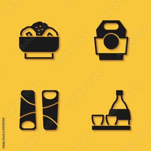 Set Chow mein on plate, Bottle of sake, Guotie and Asian noodles paper box icon with long shadow. Vector