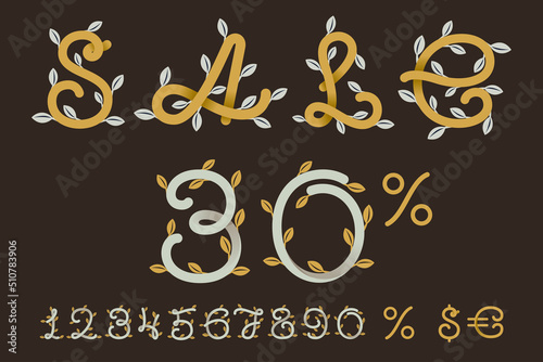 Sale banner with numbers set, percent, and currency sign. Vintage gold alphabet with silver leaves.