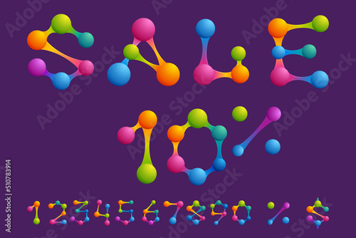 Sale banner with numbers set, percent, and currency sign. Chemical template made of atoms and links.