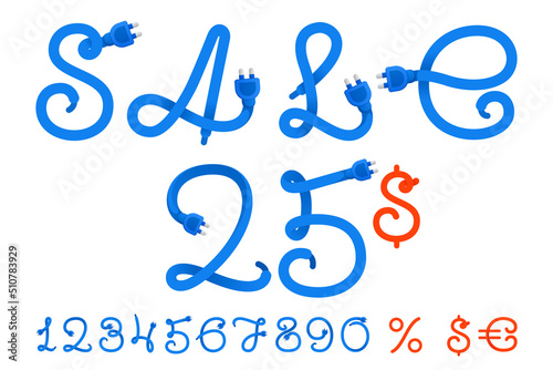 Sale banner with numbers set, percent, and currency sign. Sport template made of plug and wire.