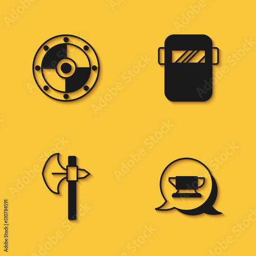 Set Round shield, Blacksmith anvil tool, Medieval axe and Welding mask icon with long shadow. Vector