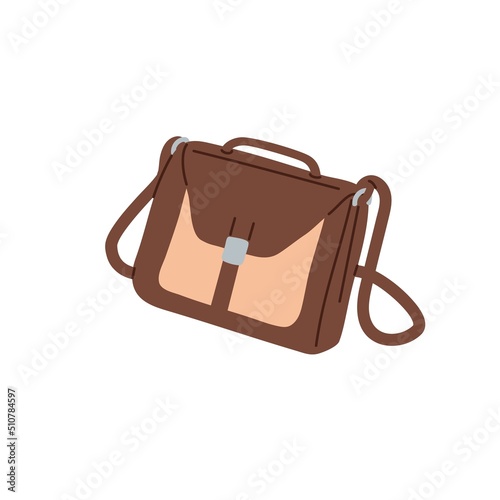 Office briefcase for business documents. Businessmans brief case locked with buckle. Diplomat suitcase, leather bag with shoulder strap. Flat vector illustration isolated on white background