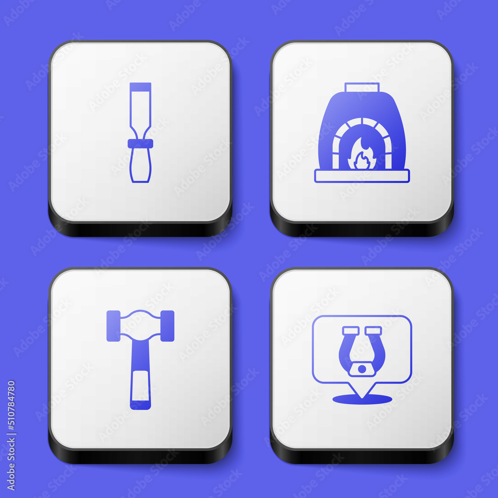 Set Rasp metal file, Blacksmith oven, Hammer and Horseshoe icon. White square button. Vector Set Rasp metal file, Blacksmith oven, Hammer and Horseshoe icon. White square button. Vector