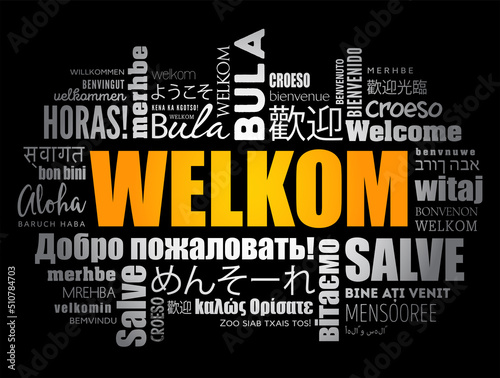Welkom (Welcome in Afrikaans) word cloud in different languages, conceptual background