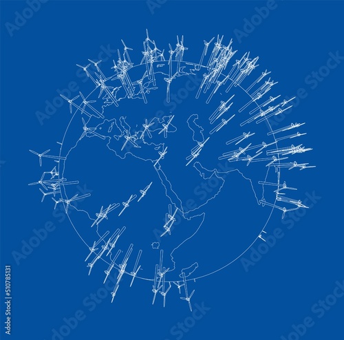 Electric wind turbines on Earth. Vector
