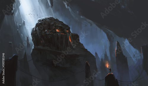 Dark castle inside the cave, 3D illustration. photo