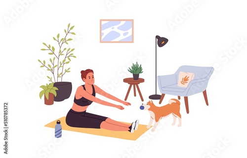 Woman during home workout. Healthy girl doing aerobics exercises in room. Person at sports training on mat, stretching practice with cute dog. Flat vector illustration isolated on white background