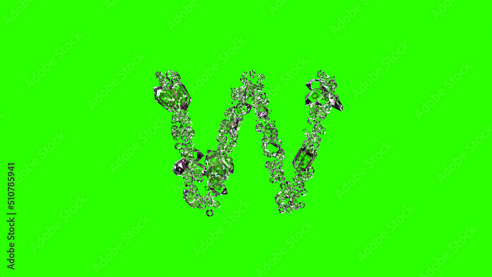 lighting transparent brilliants letter W on green screen, isolated - object 3D illustration