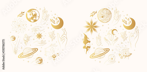 Golden celestial hands with esoteric symbols and space bodies. Two round vector illustrations in boho style.