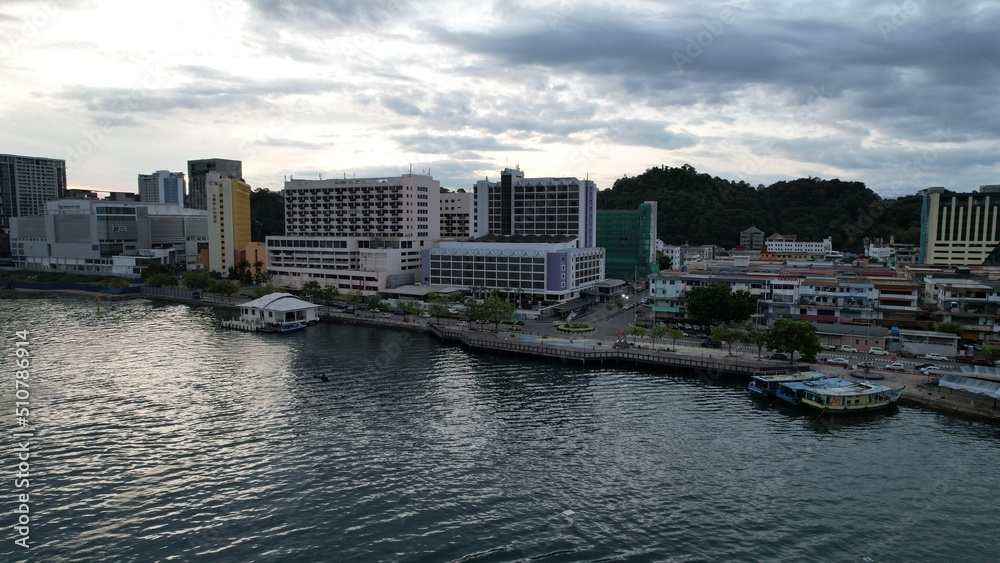 Kota Kinabalu, Sabah Malaysia – June 14, 2022: The Waterfront and Esplanade Area of Kota Kinabalu City Centre