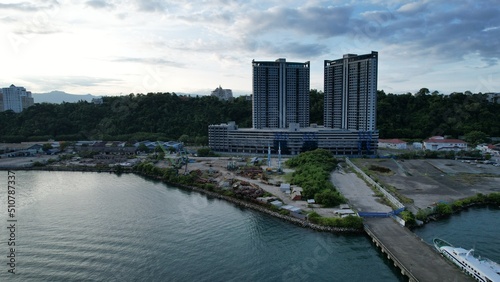 Kota Kinabalu, Sabah Malaysia – June 14, 2022: The Waterfront and Esplanade Area of Kota Kinabalu City Centre © Aerial Drone Master