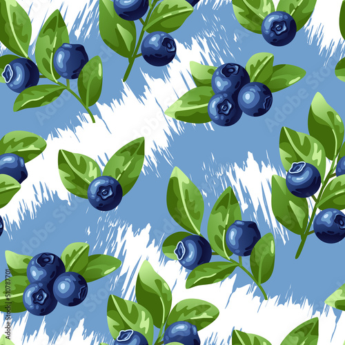 Vector Blueberriess on Blue and Whites Stripes Background Seamless Repeat Pattern. Background for textiles, cards, manufacturing, wallpapers, print, gift wrap and scrapbooking.